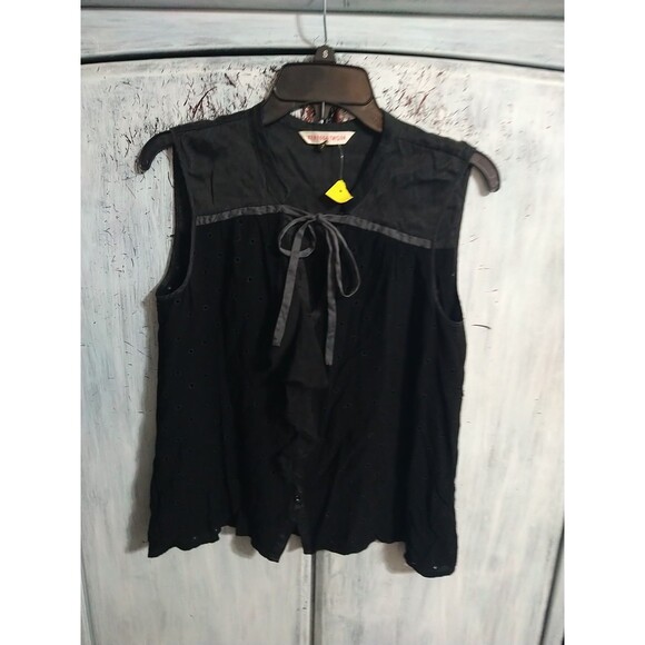 Rebecca Taylor Sleeveless Eyelet Ruffled Tie Blouse Sz 8 Black Boho Cottage Core - Picture 1 of 10